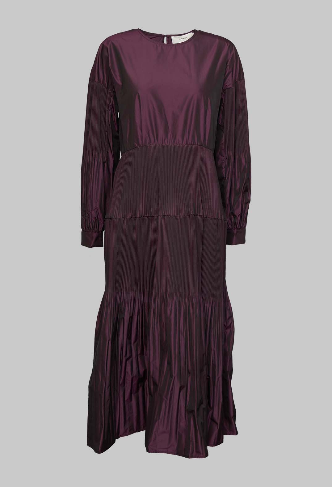 long taffeta dress in purple with pleated sleeves