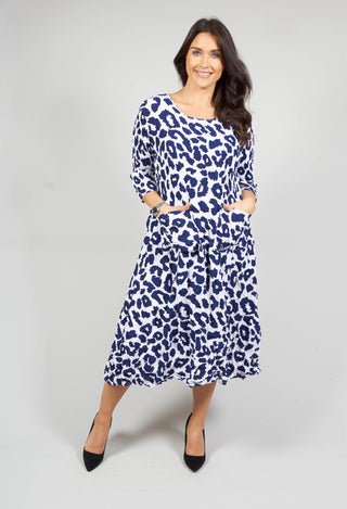 Three Quarter Sleeve Smash Dress in Indigo Leopard