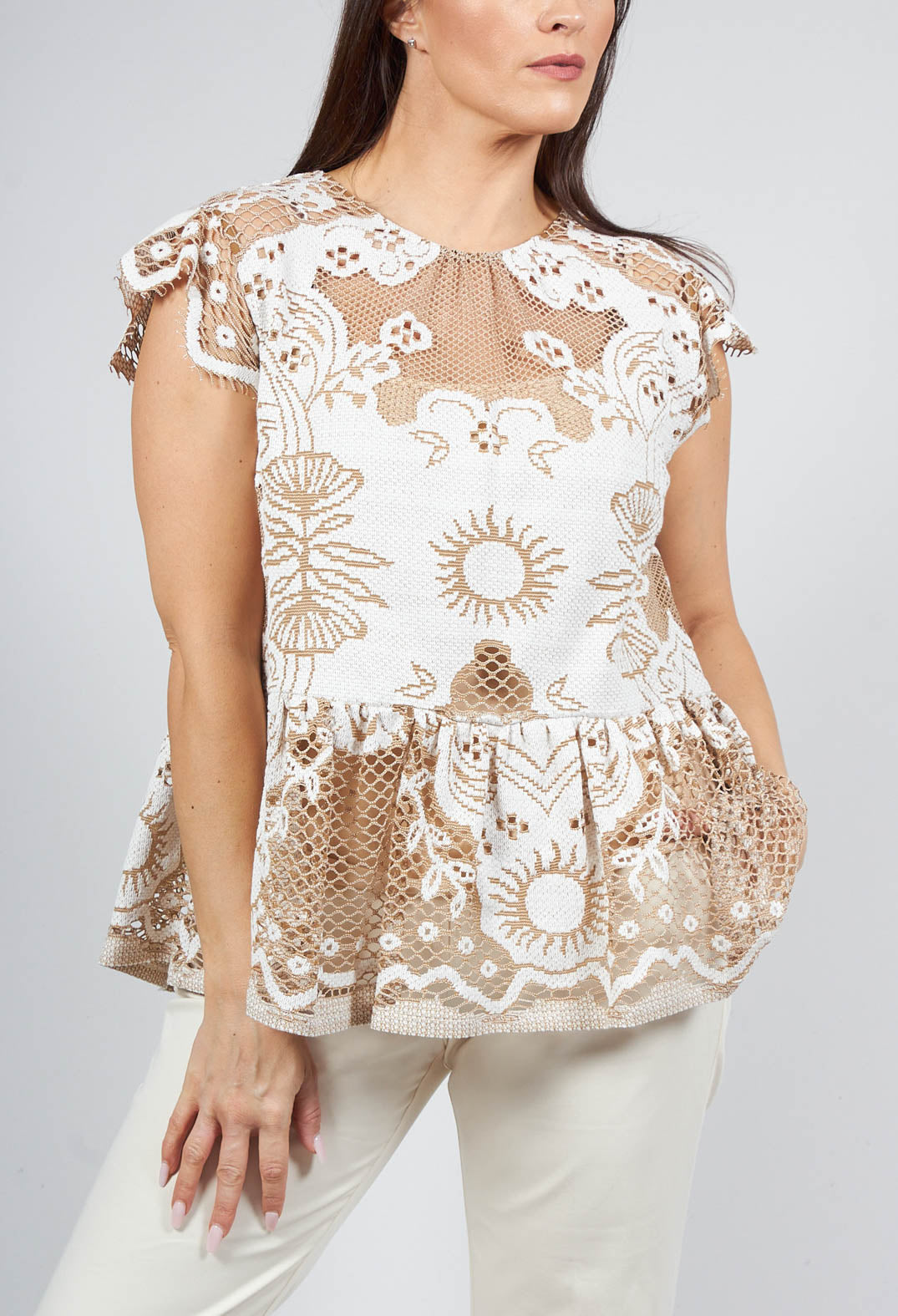 close up shot of brown lace top from Beatrice B