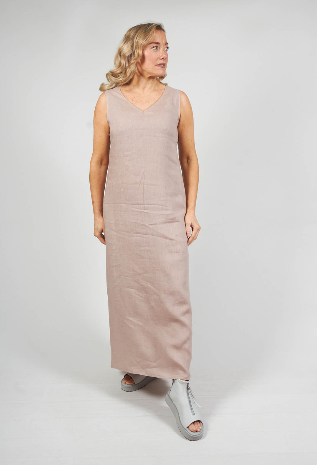 V-Neck Linen Dress in Dusky Pink