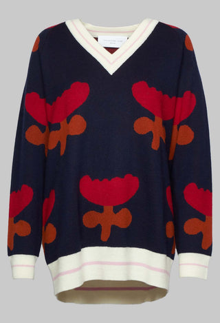 V Neck Pull with Tulip Pattern in Red and Navy