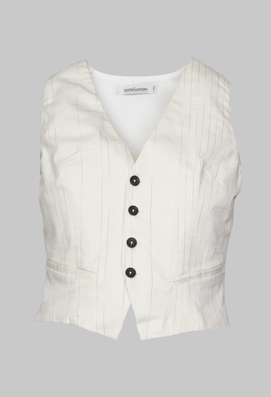 Waistcoat with Faux Front Pockets in White with Black Stripes