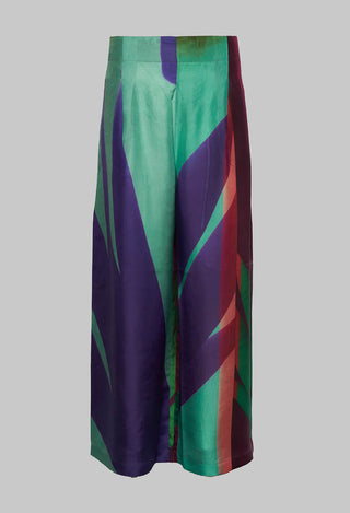 Wide Leg Silk Trousers with Bold Purple Print