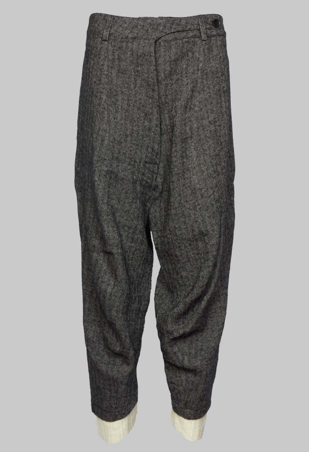 Wide Leg Trousers with Contrasting Hem in Herringbone Grey