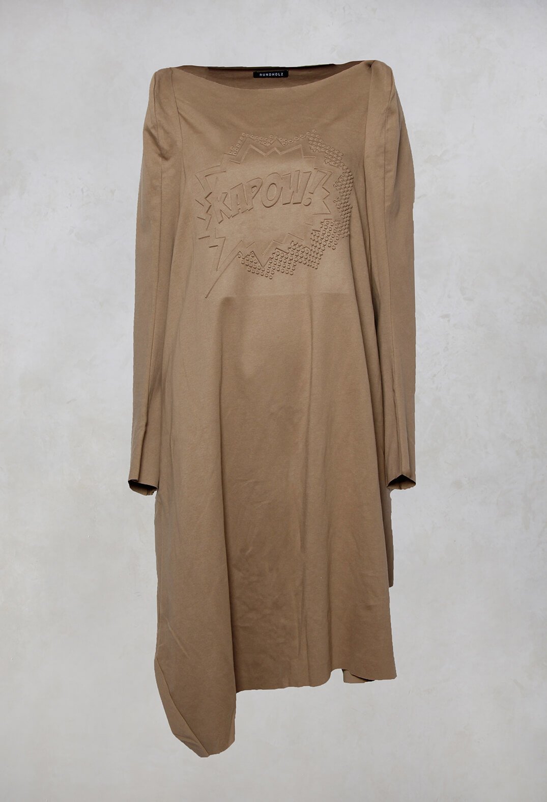 Wide Neck Long Sleeve Print Dress in Toffee Boss