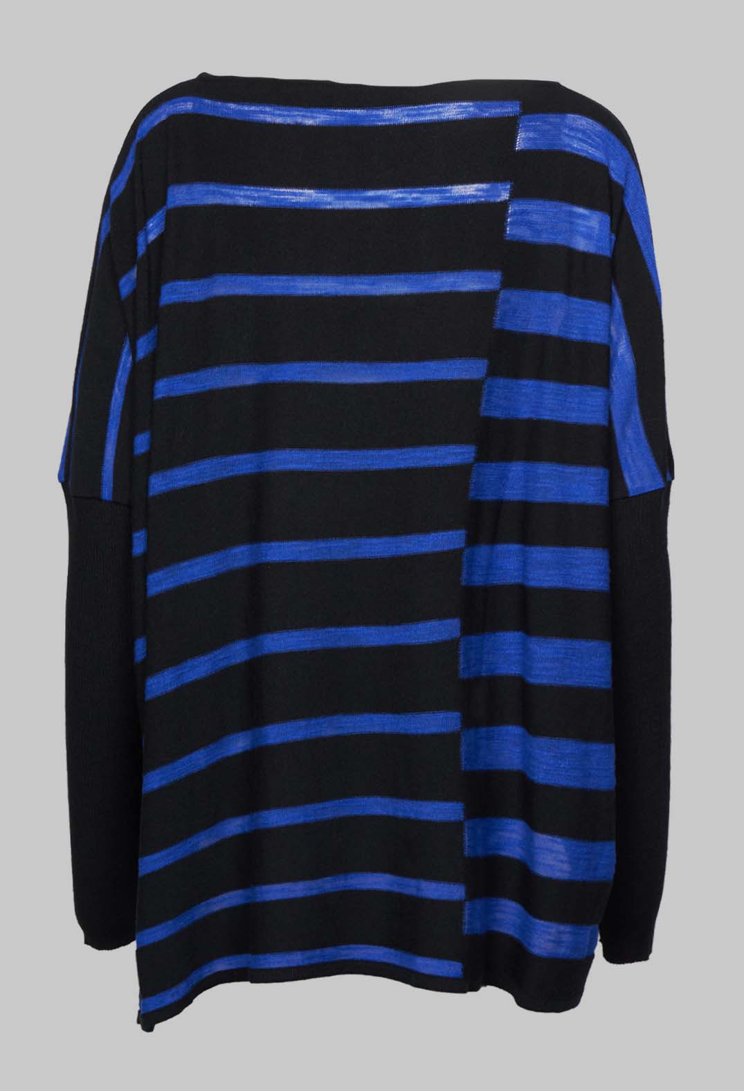 Wide Neck Top with Contrasting Sleeves in Black and Blue Stripe