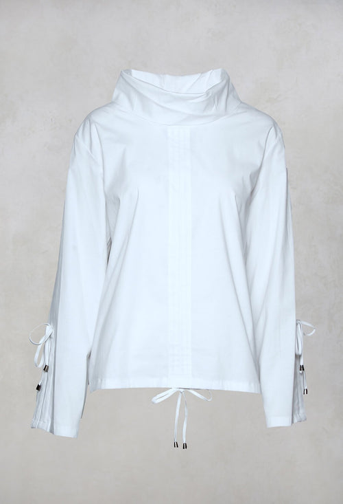 High Neck Blouse with Tie Detailed Sleeves in White