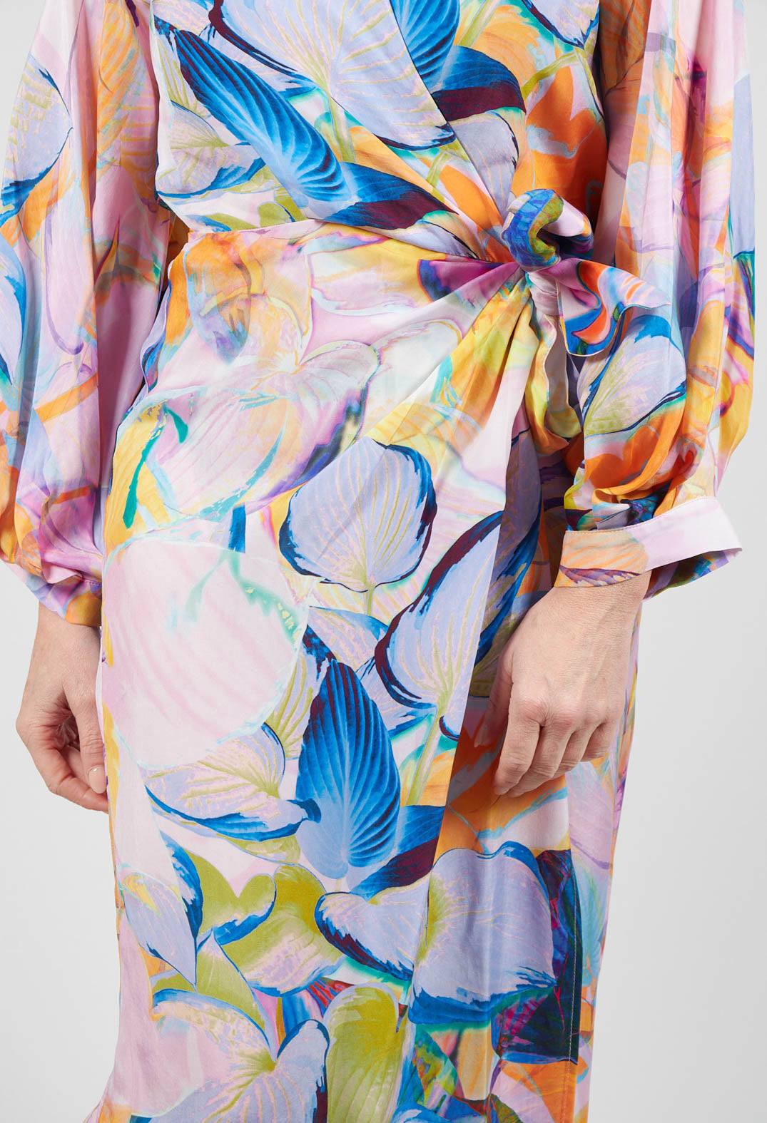 bright colour wrap over dress in eva print