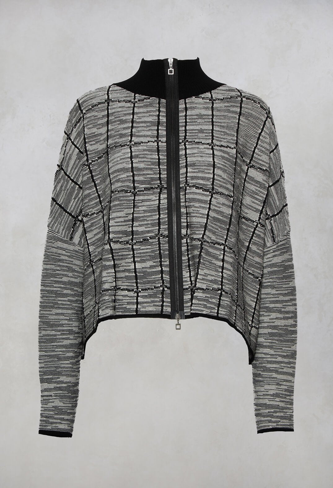Zip Front Cardigan with Black and Grey Print Fabric