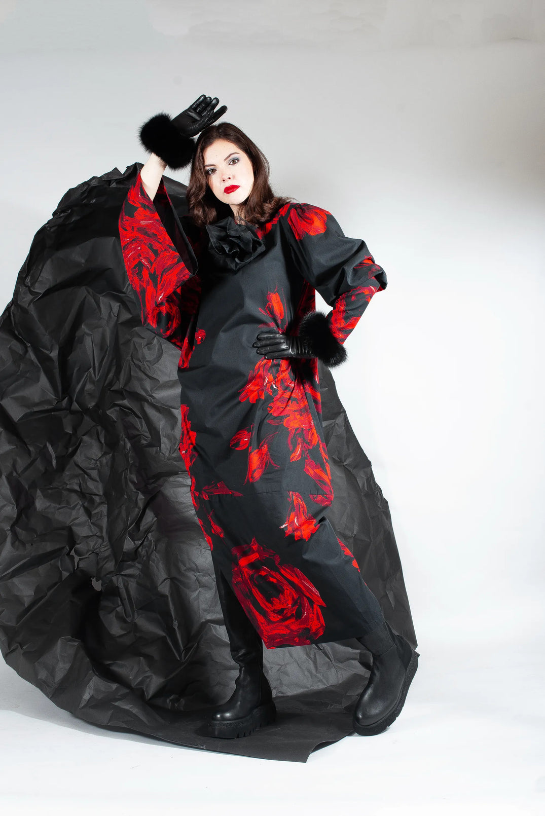Bold Print Dress with Side Split in Black and Red