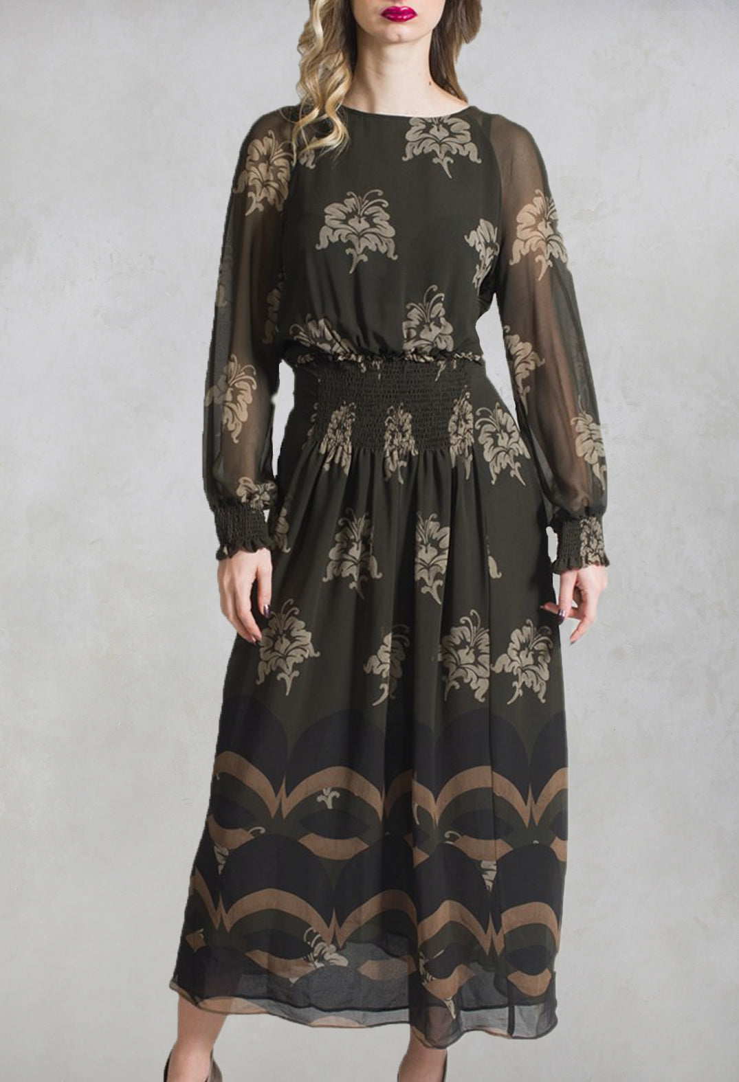 Printed Sheer Maxi Dress in Moro / Fango / Beige