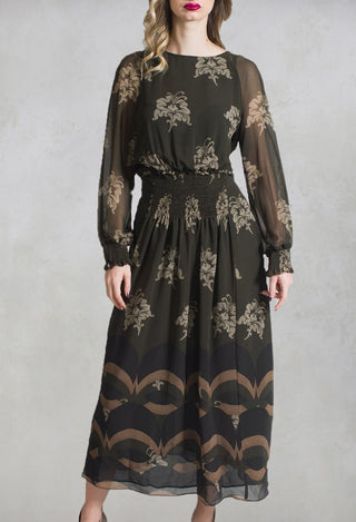 Printed Sheer Maxi Dress in Moro / Fango / Beige