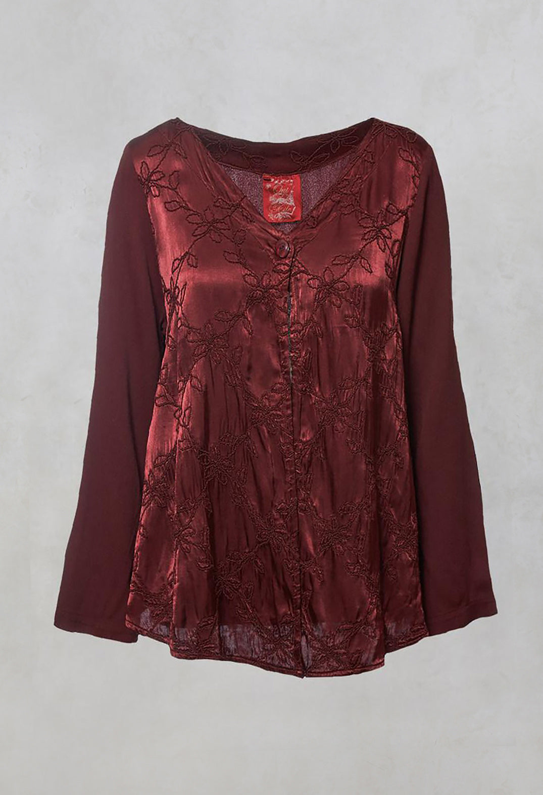 Satin Front Jacket with Embroidery in Burgundy