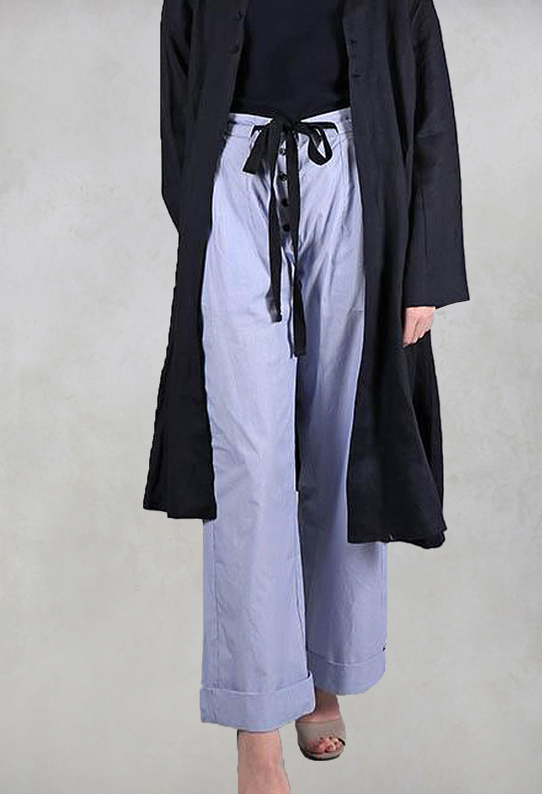 Wide Leg Trousers with Buttons in Blue Pinstripe